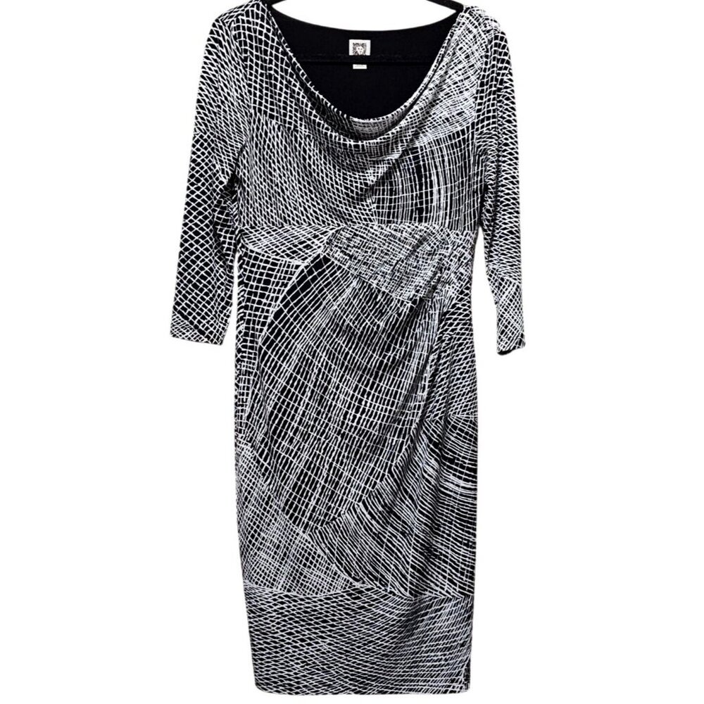 Anne Klein Size 6 Black & White Abstract Print Sheath Dress /Draped Neckline * - Picture 2 of 9